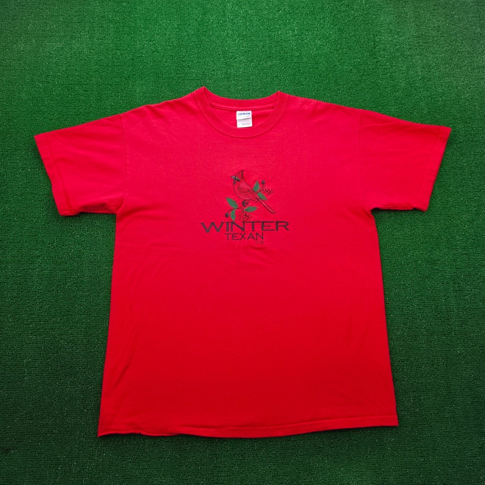 Gildan Winter Texan Tshirt Mens Large Red Embroidered Cardinal Bird‎ Tee